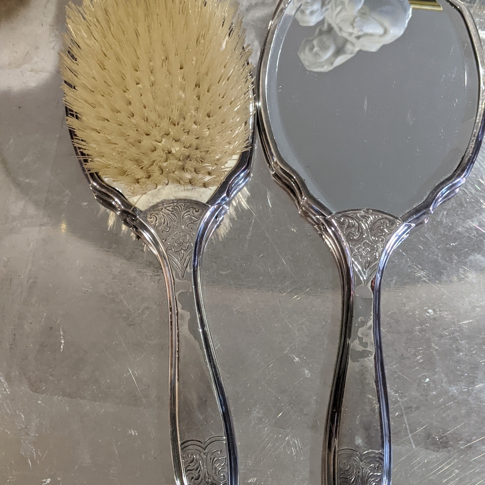 Vanity Set Silver Plated Brush and Mirror